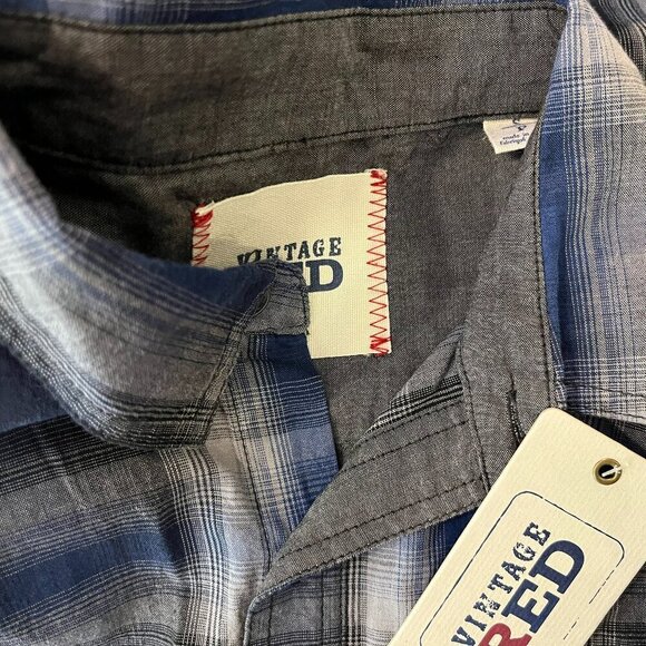 VINTAGE RED Men's Blue/Grey Plaid Casual Button Up Shirt - Size Small - NWT - Picture 4 of 4